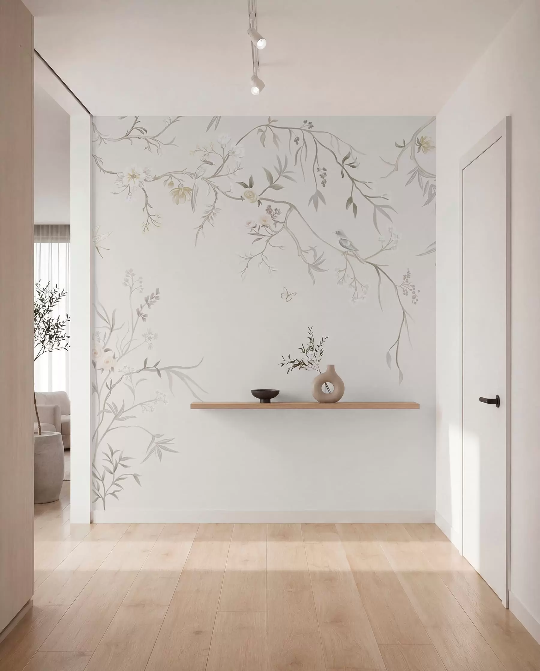 murais de parede Flores delicadas e pássaros sobre um fundo de giz w05127