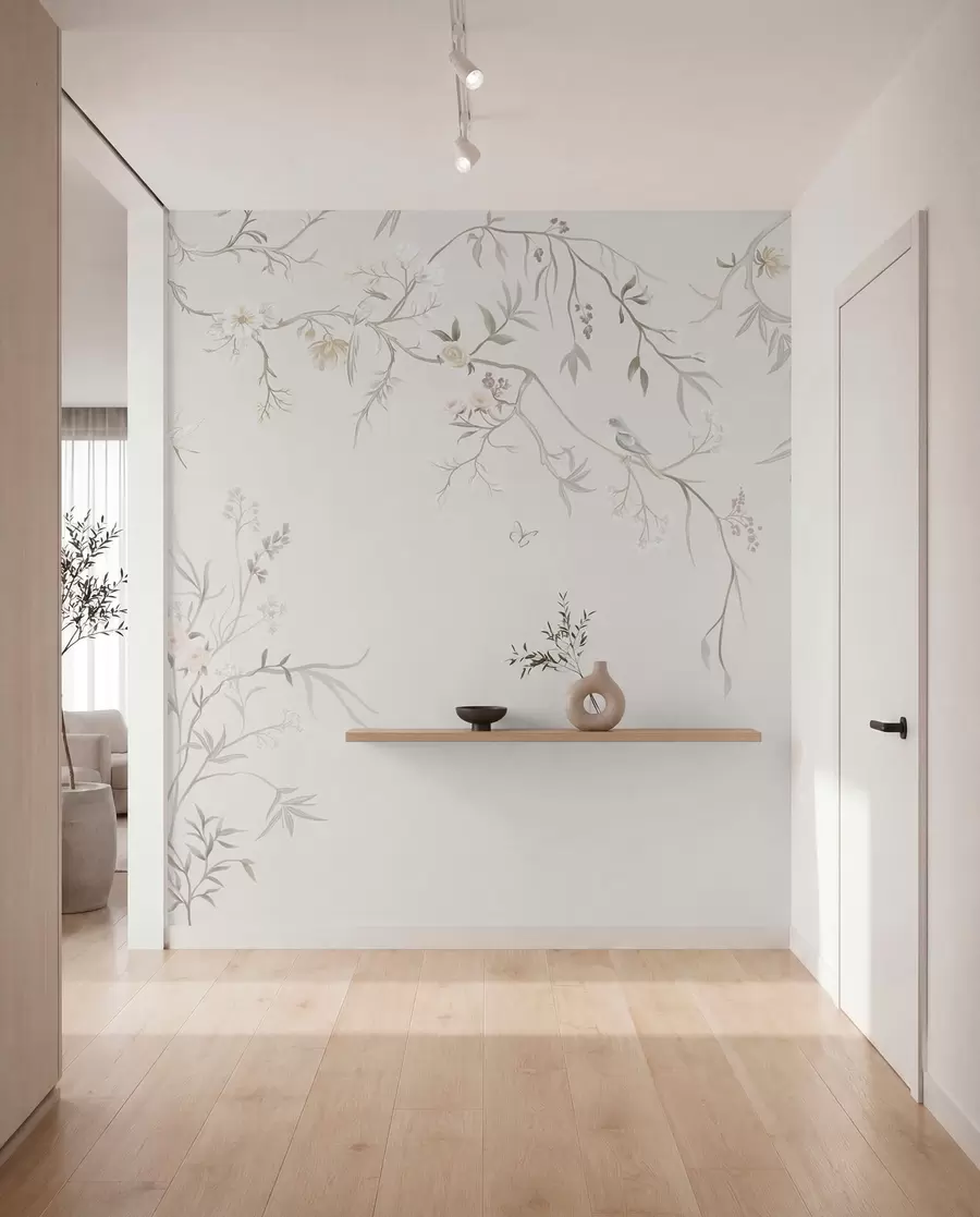 murais de parede Flores delicadas e pássaros sobre um fundo de giz w05127