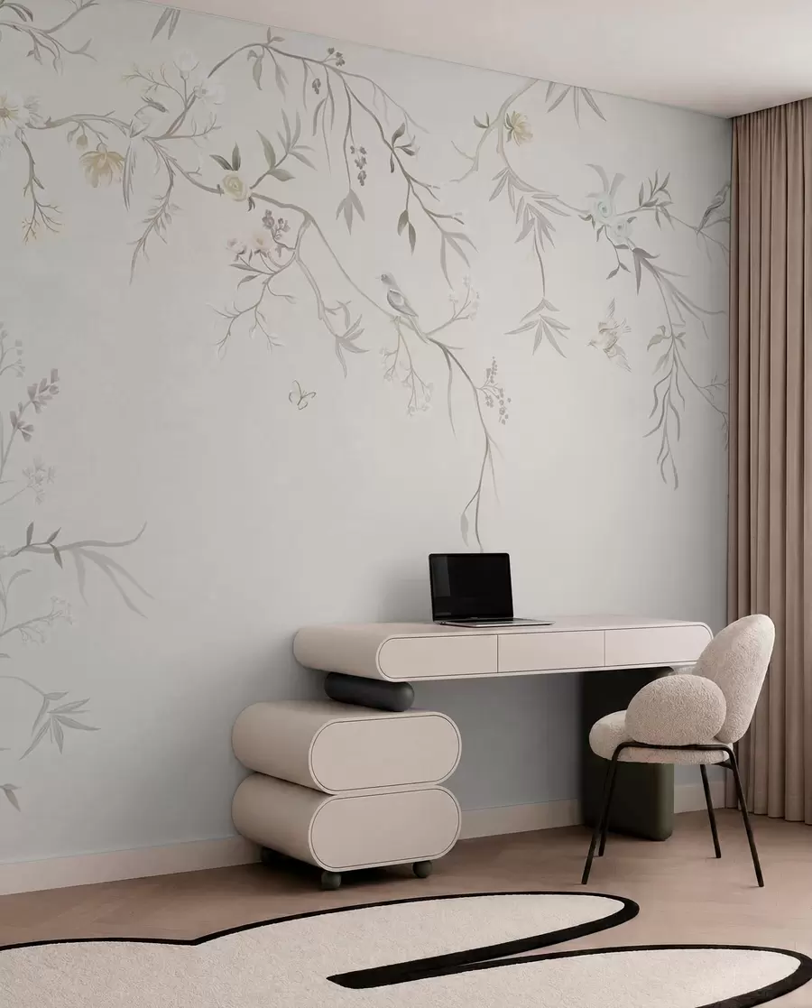 murais de parede Flores delicadas e pássaros sobre um fundo de giz w05127