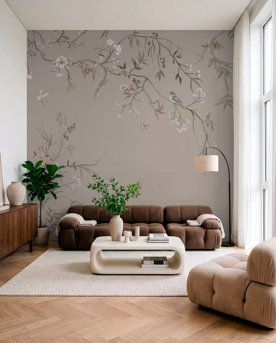 murais de parede Ramos e aves sobre taupe w05127v3