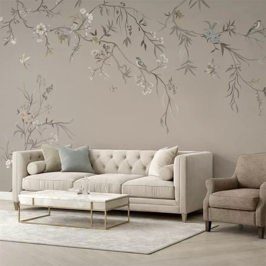 murais de parede Ornamento floral com pássaros sobre fundo neutro w05127v3