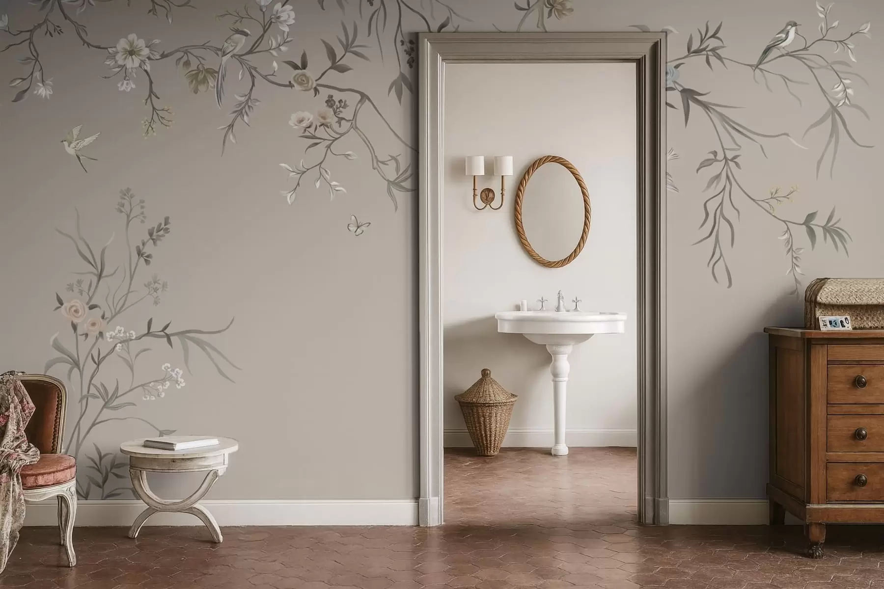 murais de parede Ornamento floral com pássaros sobre fundo neutro w05127v3