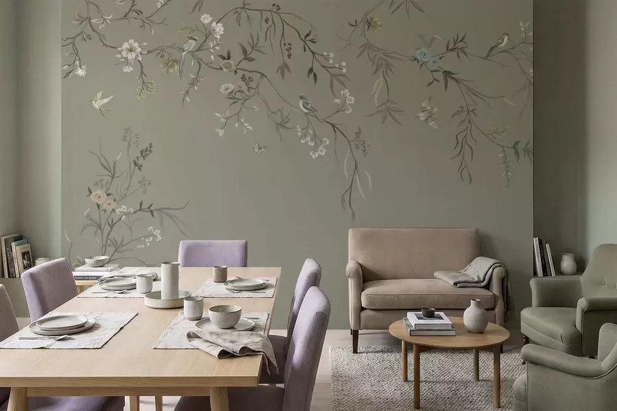 murais de parede Motivo floral com pássaros sobre fundo cinzento w05127v4