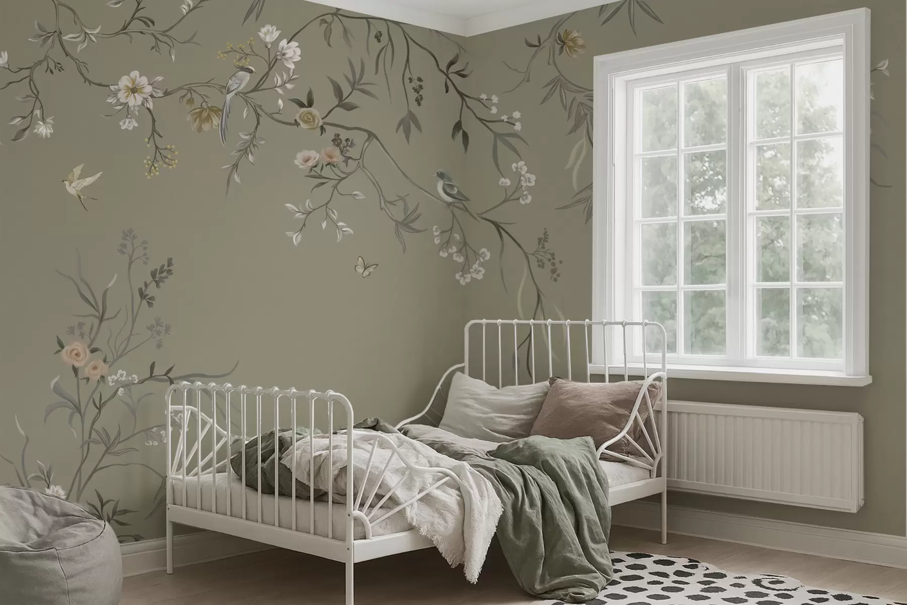 murais de parede Motivo floral com pássaros sobre fundo cinzento w05127v4