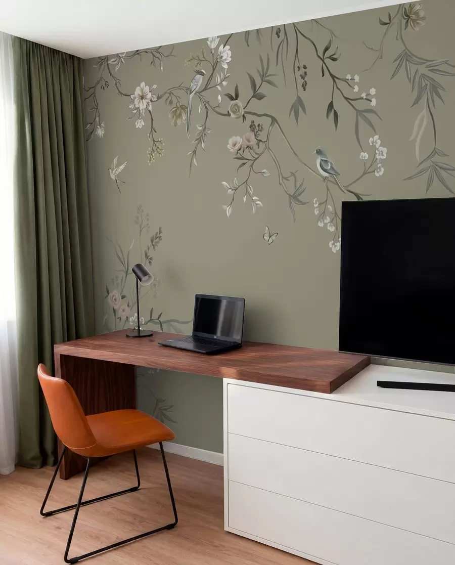 murais de parede Motivo floral com pássaros sobre fundo cinzento w05127v4