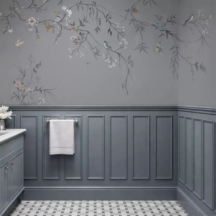 murais de parede Ramos florais com pássaros sobre fundo esverdeado w05127v5