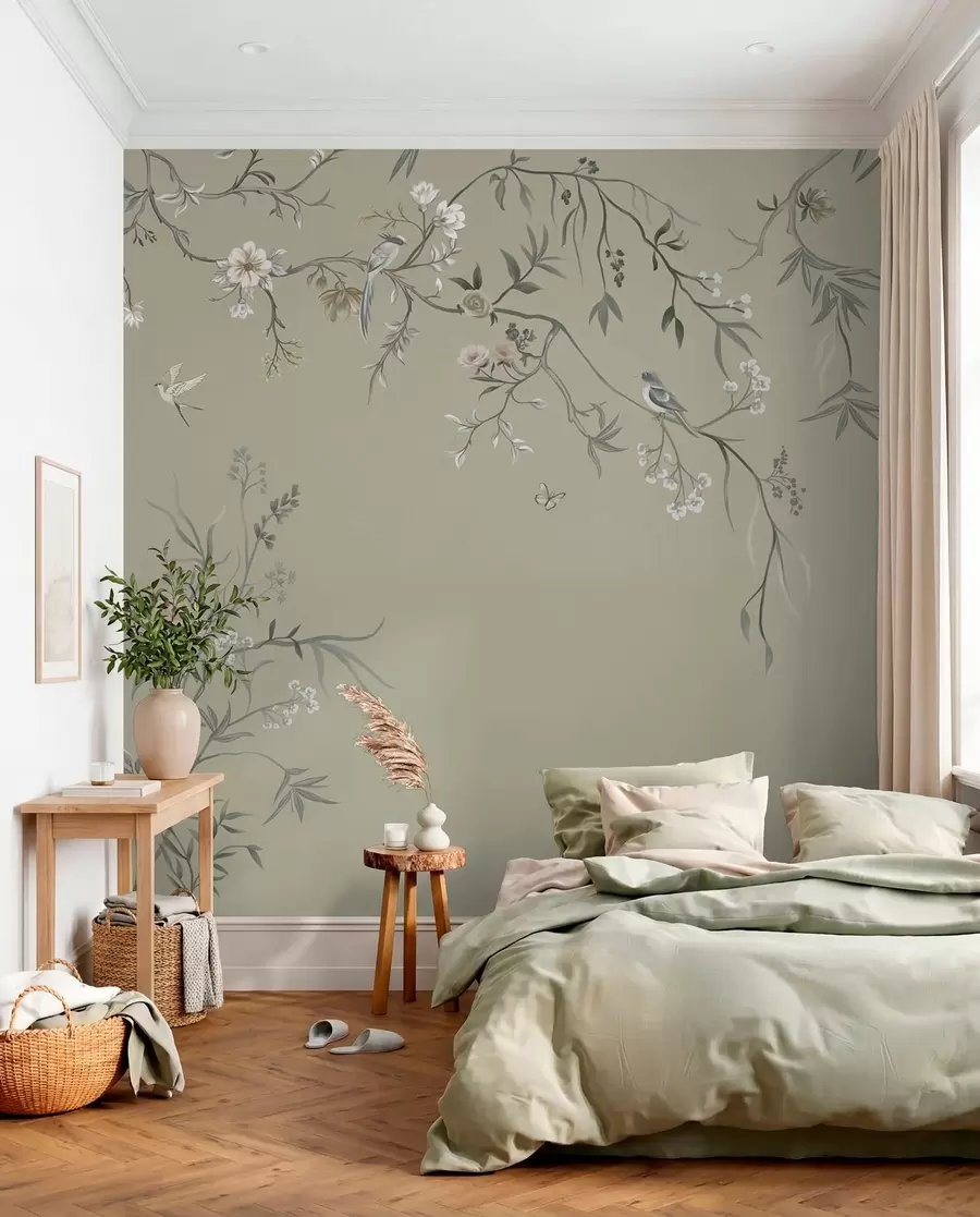 murais de parede Padrão floral com pássaros sobre fundo frio w05127v6