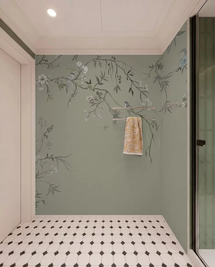 murais de parede Padrão floral com pássaros sobre fundo frio w05127v6