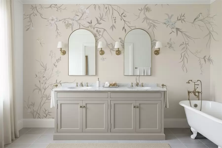 murais de parede Ramos florais com pássaros sobre um fundo claro w05127v7