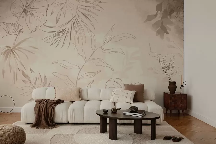 murais de parede Plantas lineares sobre fundo bege texturizado w05128