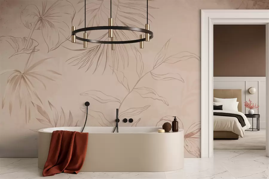 murais de parede Plantas lineares sobre fundo bege texturizado w05128