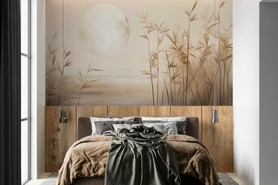 murais de parede Paisagem texturizada com juncos altos, lago e lua pálida num céu nebuloso w09631