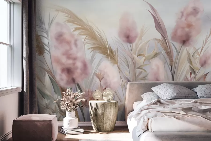murais de parede Grama-dos-pampas rosa e bege e outras flores secas com um céu suave e nebuloso ao fundo w09635