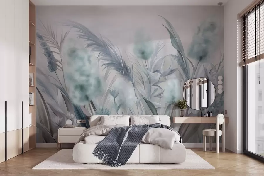 murais de parede Capim-dos-pampas azul e cinza e outras flores secas com um céu suave e nebuloso ao fundo w09635v1