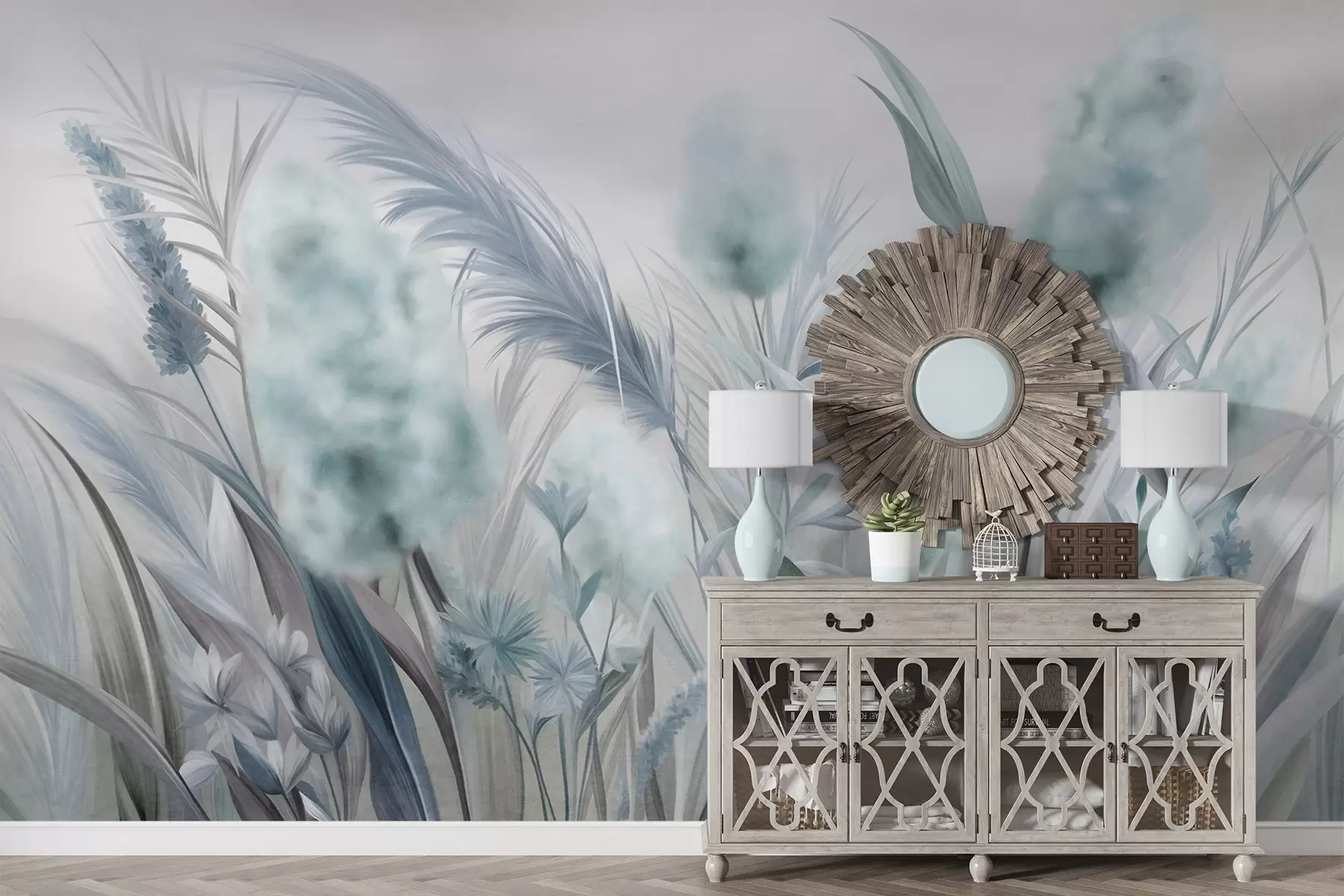 murais de parede Capim-dos-pampas azul e cinza e outras flores secas com um céu suave e nebuloso ao fundo w09635v1