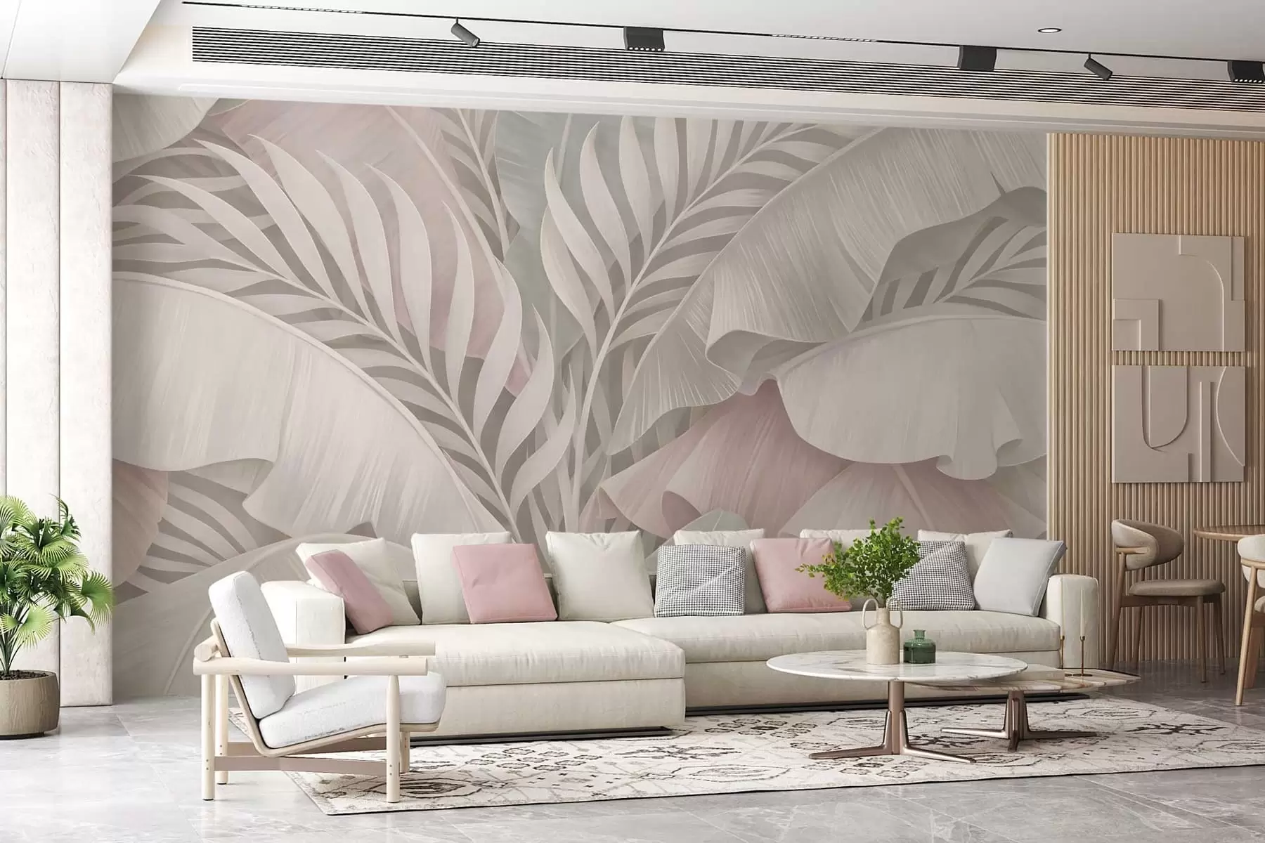 murais de parede folhas tropicais grandes em tons suaves de rosa e cinza w05062v1