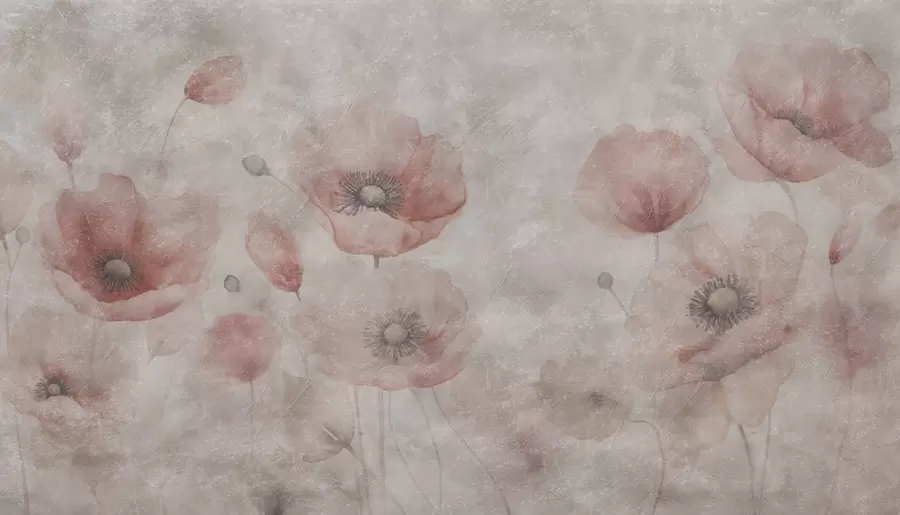 murais de parede Grandes flores de papoila numa parede com efeito antigo w09686