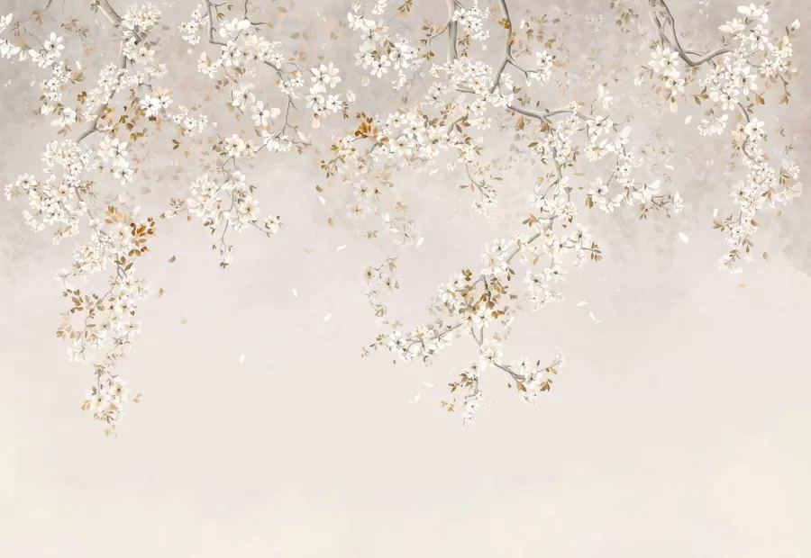 murais de parede Ramos com flores brancas sobre um fundo bege suave w05129