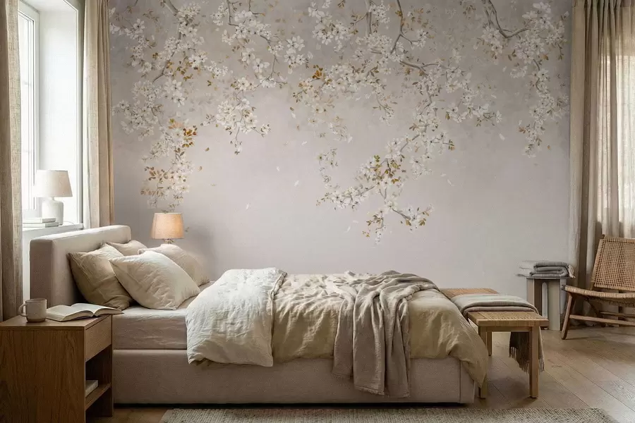 murais de parede Ramos com flores brancas sobre um fundo bege suave w05129