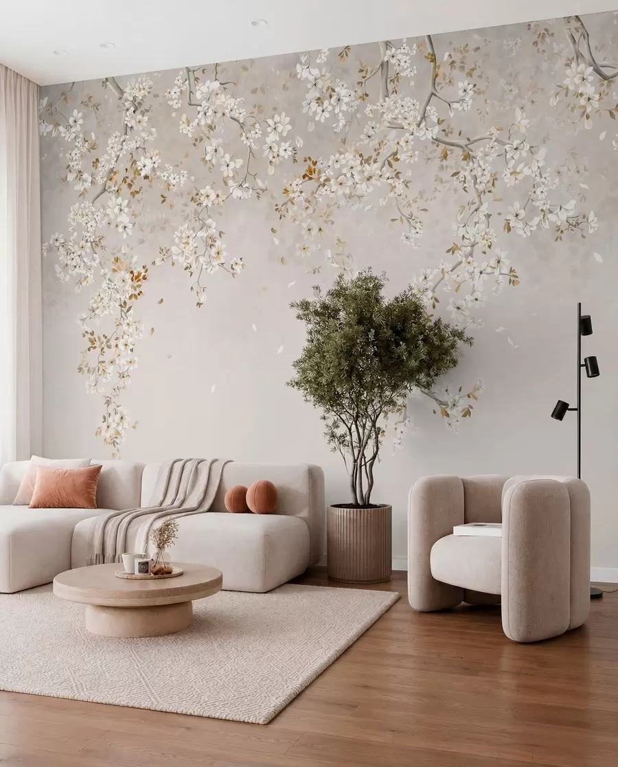 murais de parede Ramos com flores brancas sobre um fundo bege suave w05129