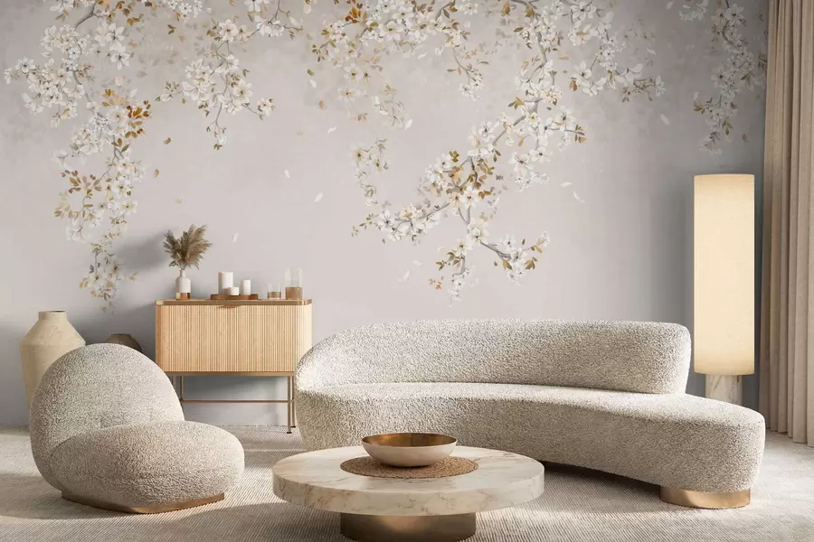 murais de parede Ramos com flores brancas sobre um fundo bege suave w05129