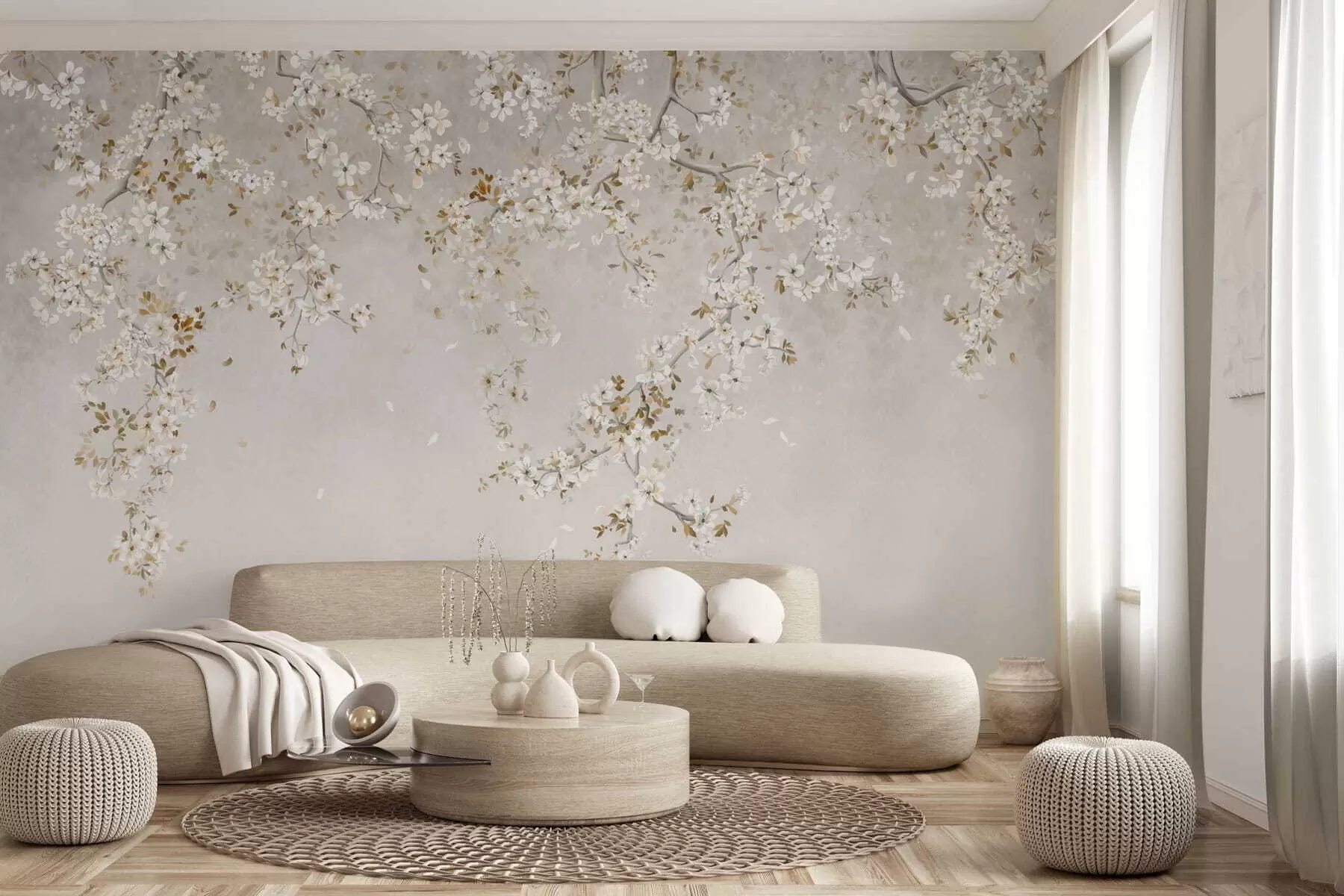murais de parede Ramos com flores brancas sobre um fundo bege suave w05129