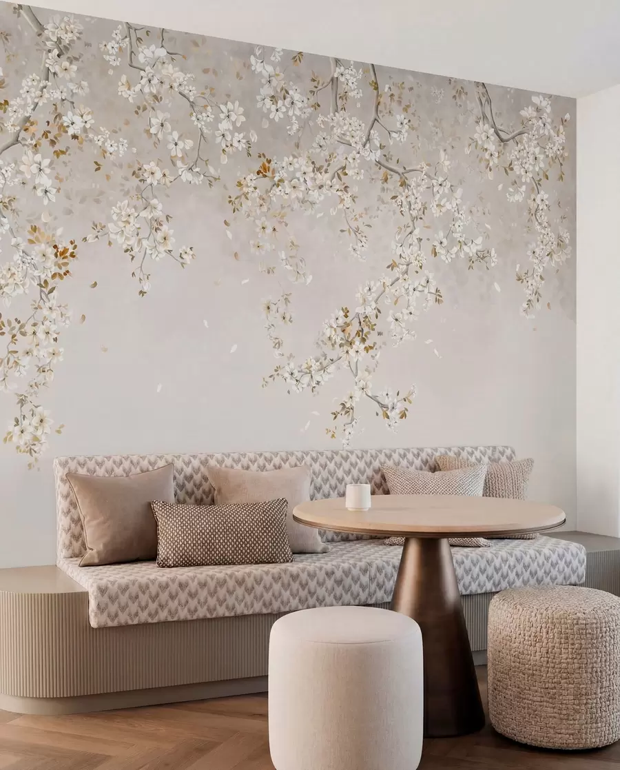 murais de parede Ramos com flores brancas sobre um fundo bege suave w05129