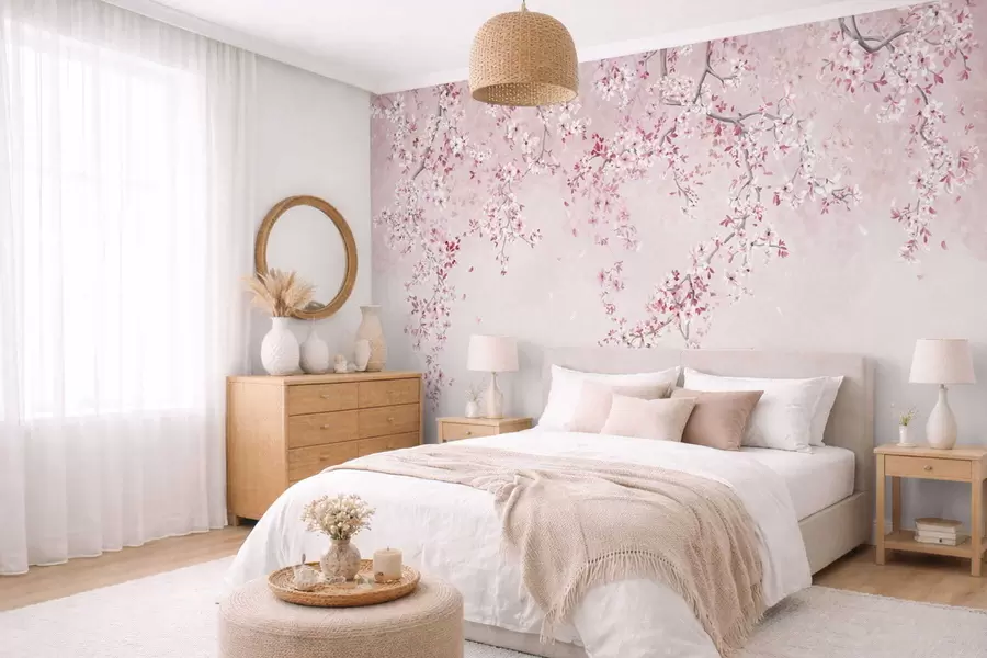 murais de parede Galhos com flores cor-de-rosa sobre um fundo pastel suave w05129v1