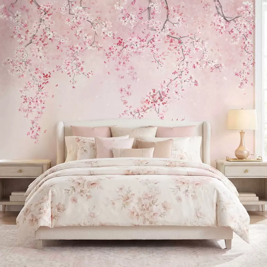 murais de parede Galhos com flores cor-de-rosa sobre um fundo pastel suave w05129v1