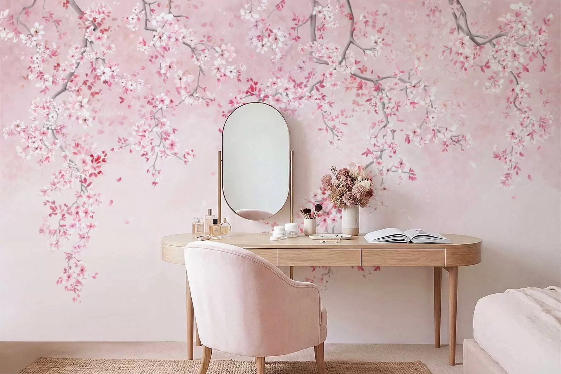 murais de parede Galhos com flores cor-de-rosa sobre um fundo pastel suave w05129v1