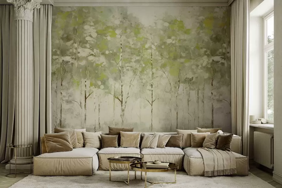 murais de parede Floresta estilizada com árvores esguias em tons de verde w05221v1