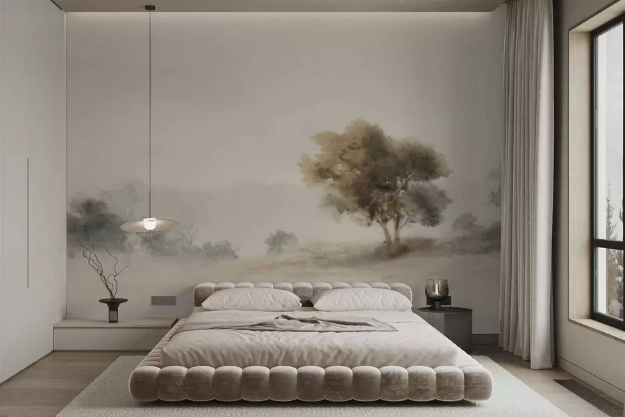 murais de parede Paisagem minimalista com uma árvore solitária na névoa w05223