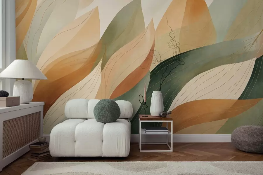 murais de parede Folhas abstratas, tons terrosos suaves de verde e laranja com detalhes delicados em linhas, textura suave de aguarela w09736