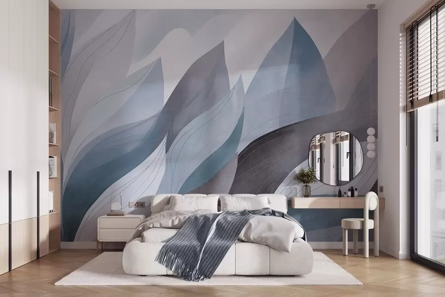 murais de parede Folhas abstratas, tons terrosos suaves de azul com detalhes delicados em linha, textura suave de aguarela w09736v1