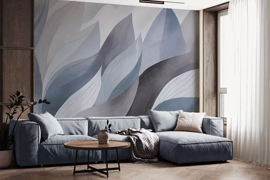 murais de parede Folhas abstratas, tons terrosos suaves de azul com detalhes delicados em linha, textura suave de aguarela w09736v1
