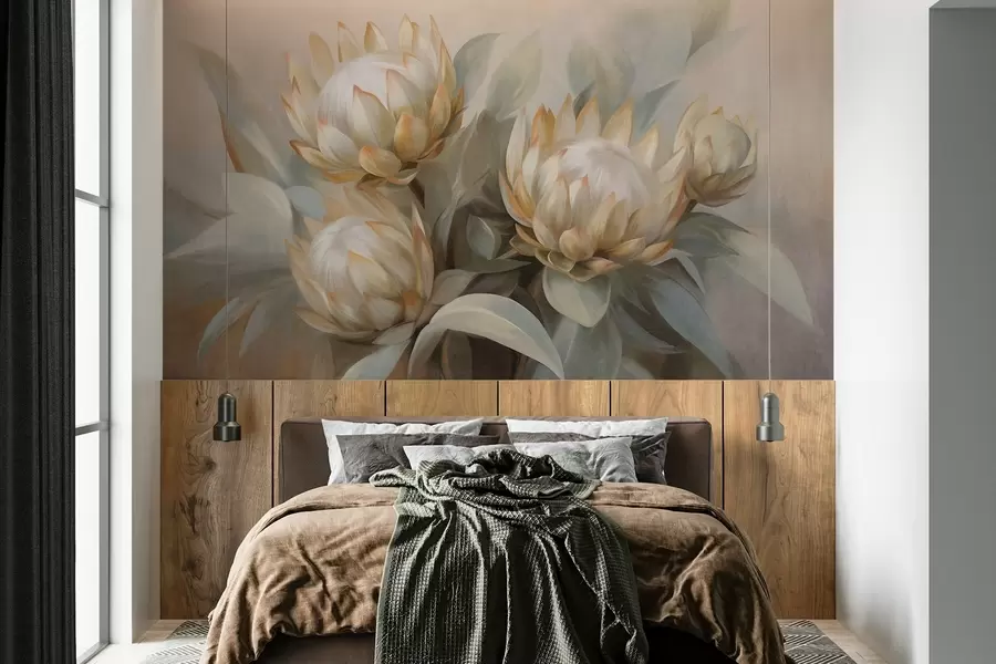 murais de parede Flores protea texturizadas com folhas verdes e um fundo suave e desfocado w09738