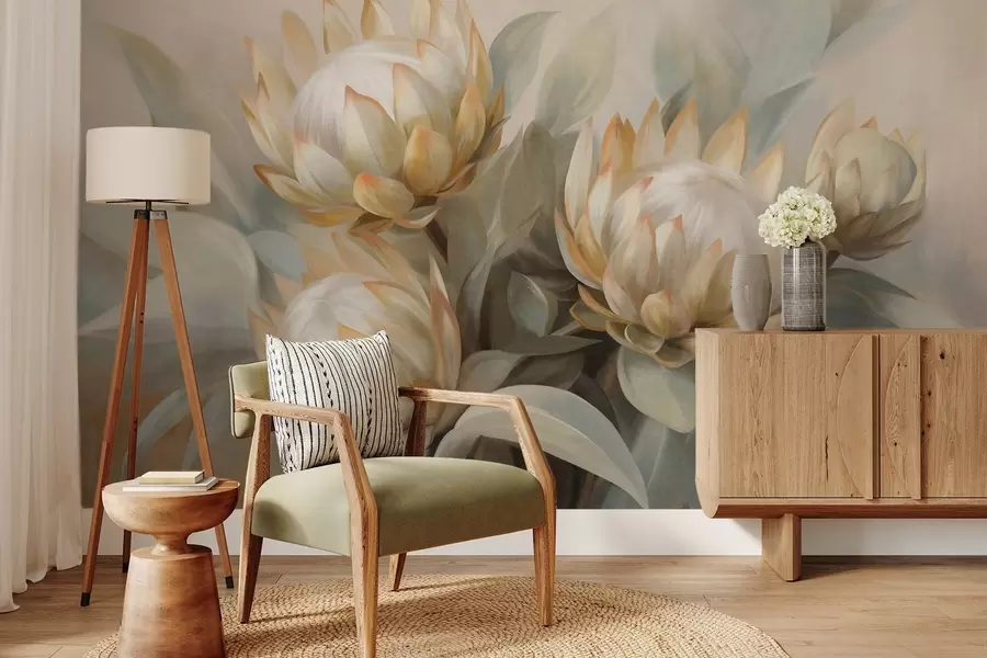 murais de parede Flores protea texturizadas com folhas verdes e um fundo suave e desfocado w09738