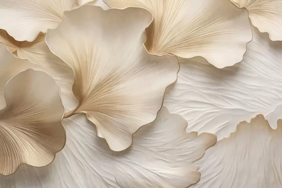 murais de parede Pétalas texturizadas, bege e brancas de folhas de ginkgo com delicada estampa orgânica w09741