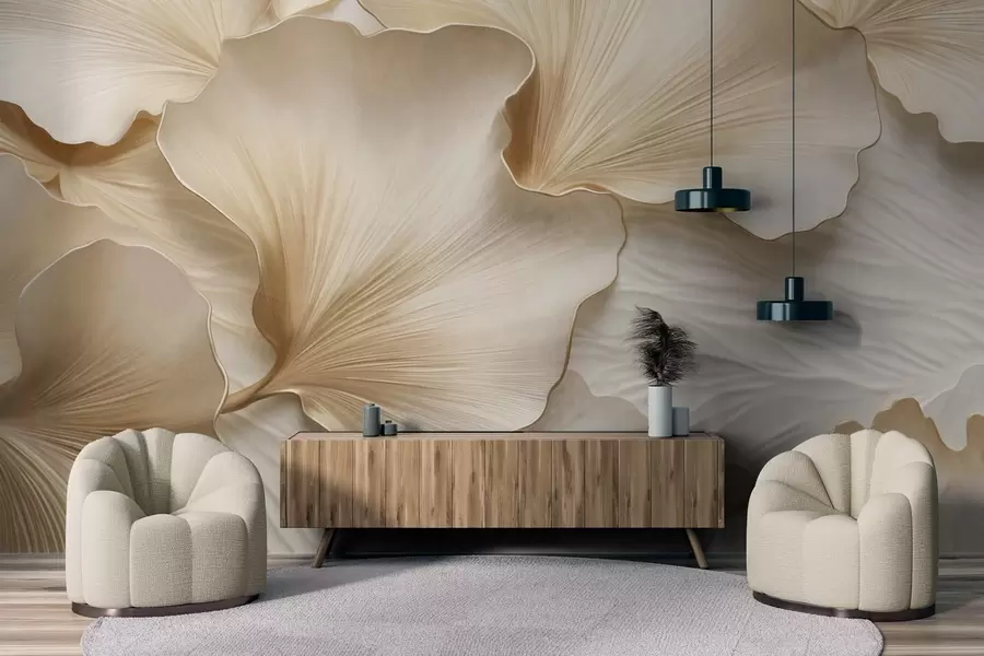 murais de parede Pétalas texturizadas, bege e brancas de folhas de ginkgo com delicada estampa orgânica w09741