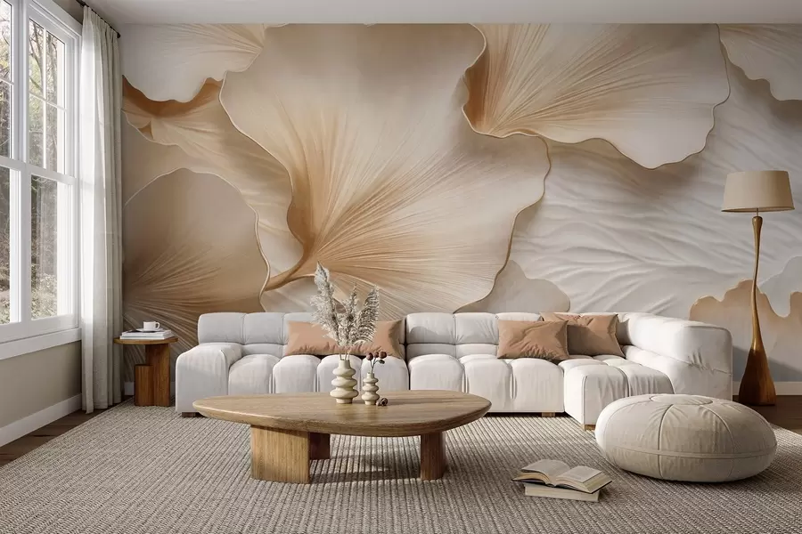 murais de parede Pétalas texturizadas, bege e brancas de folhas de ginkgo com delicada estampa orgânica w09741