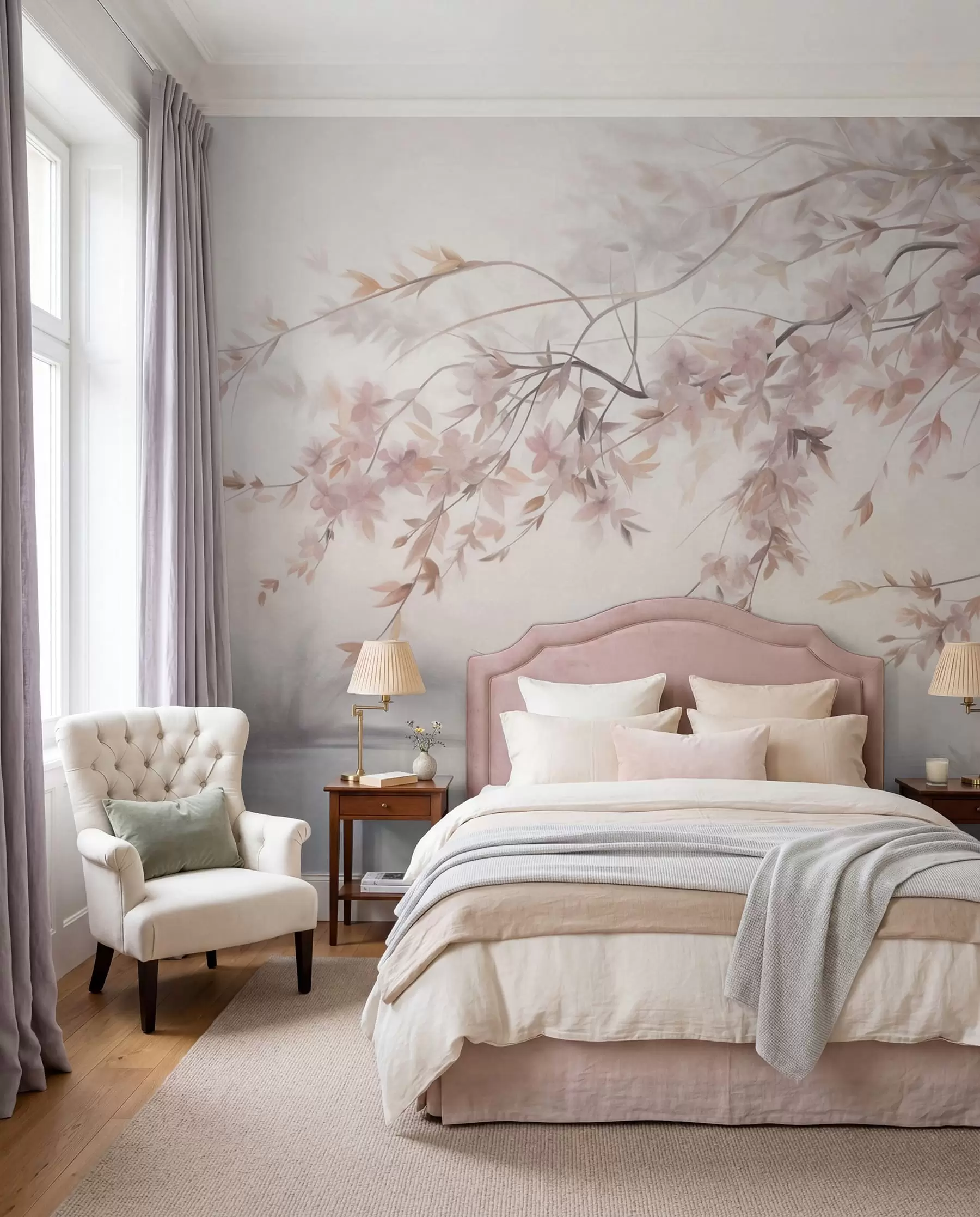 murais de parede Paisagem texturizada com ramo de cerejeira em flor, folhas cor-de-rosa, fundo suave e nebuloso w09743