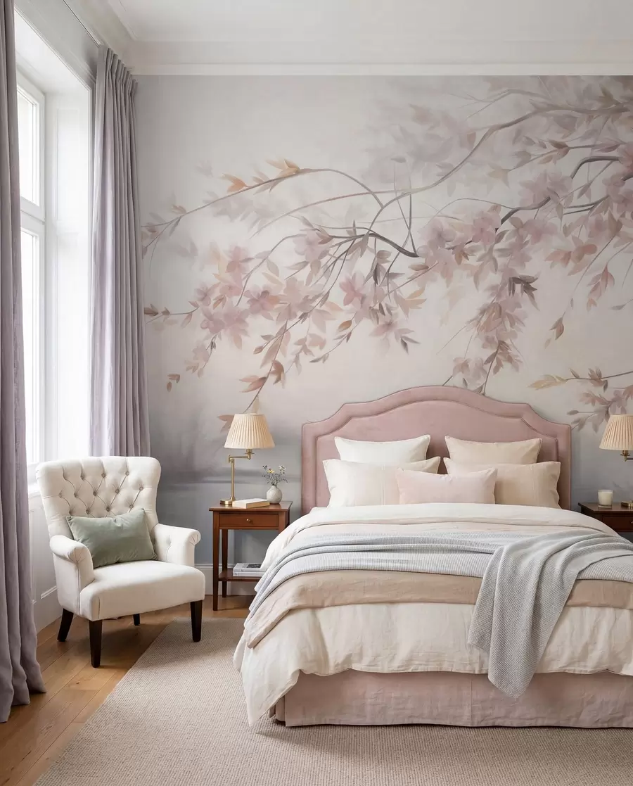 murais de parede Paisagem texturizada com ramo de cerejeira em flor, folhas cor-de-rosa, fundo suave e nebuloso w09743