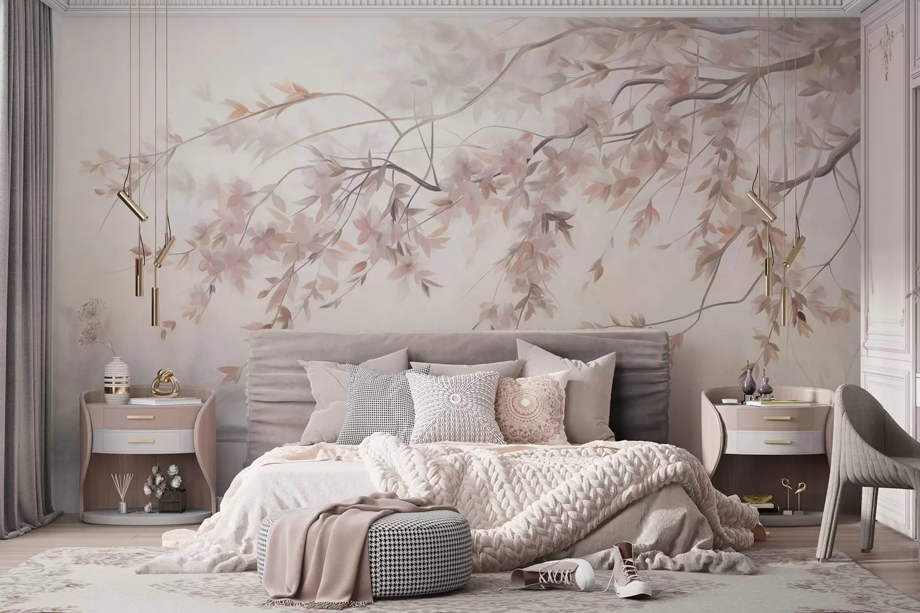 murais de parede Paisagem texturizada com ramo de cerejeira em flor, folhas cor-de-rosa, fundo suave e nebuloso w09743