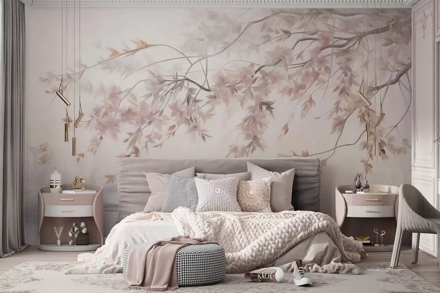 murais de parede Paisagem texturizada com ramo de cerejeira em flor, folhas cor-de-rosa, fundo suave e nebuloso w09743