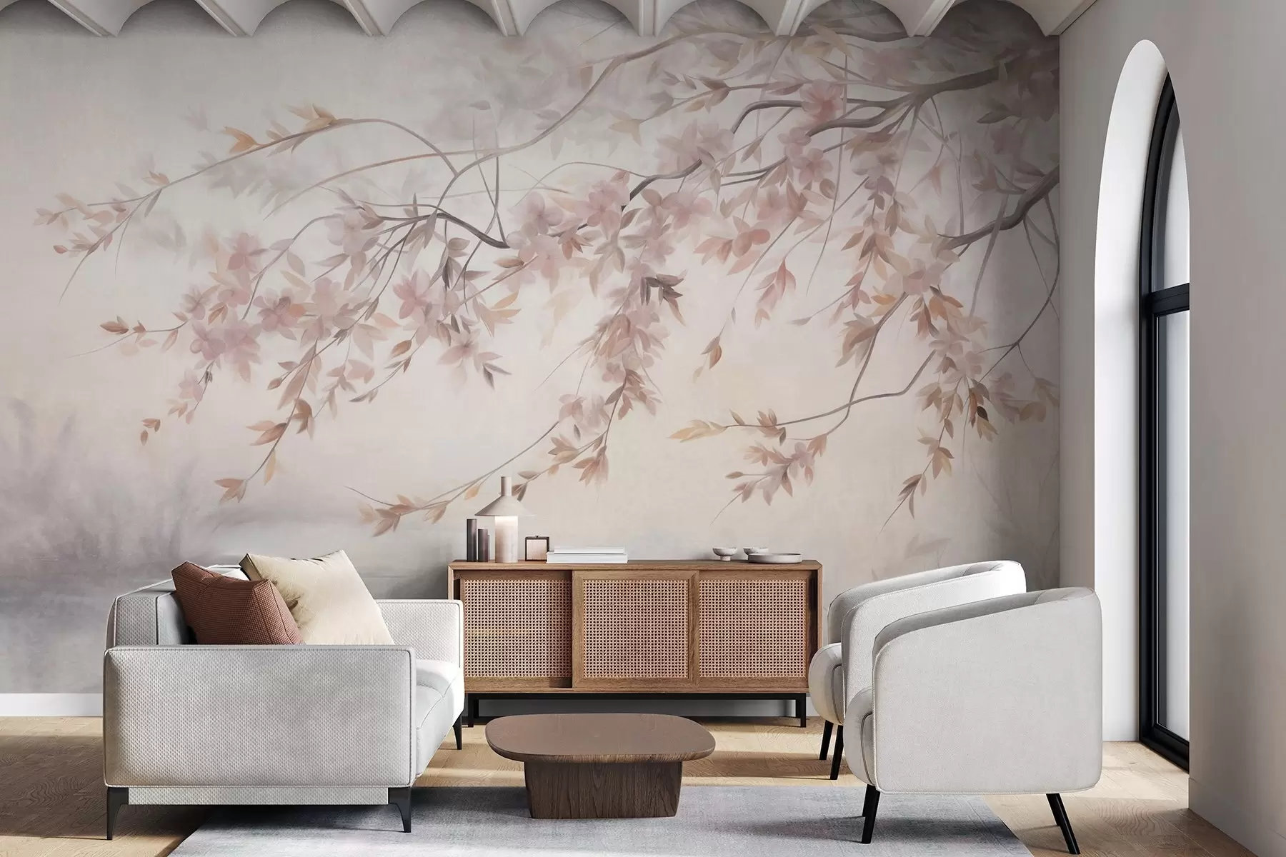 murais de parede Paisagem texturizada com ramo de cerejeira em flor, folhas cor-de-rosa, fundo suave e nebuloso w09743