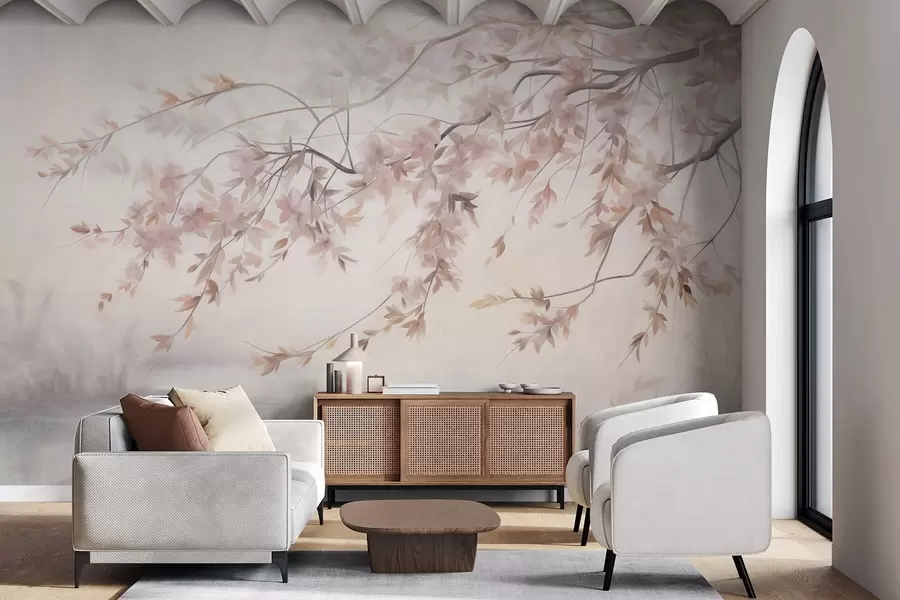murais de parede Paisagem texturizada com ramo de cerejeira em flor, folhas cor-de-rosa, fundo suave e nebuloso w09743