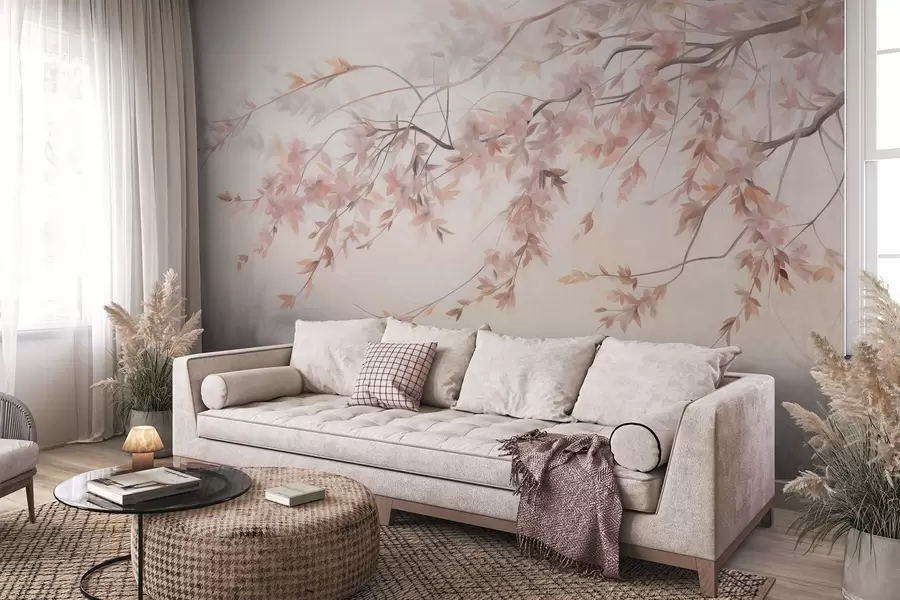 murais de parede Paisagem texturizada com ramo de cerejeira em flor, folhas cor-de-rosa, fundo suave e nebuloso w09743