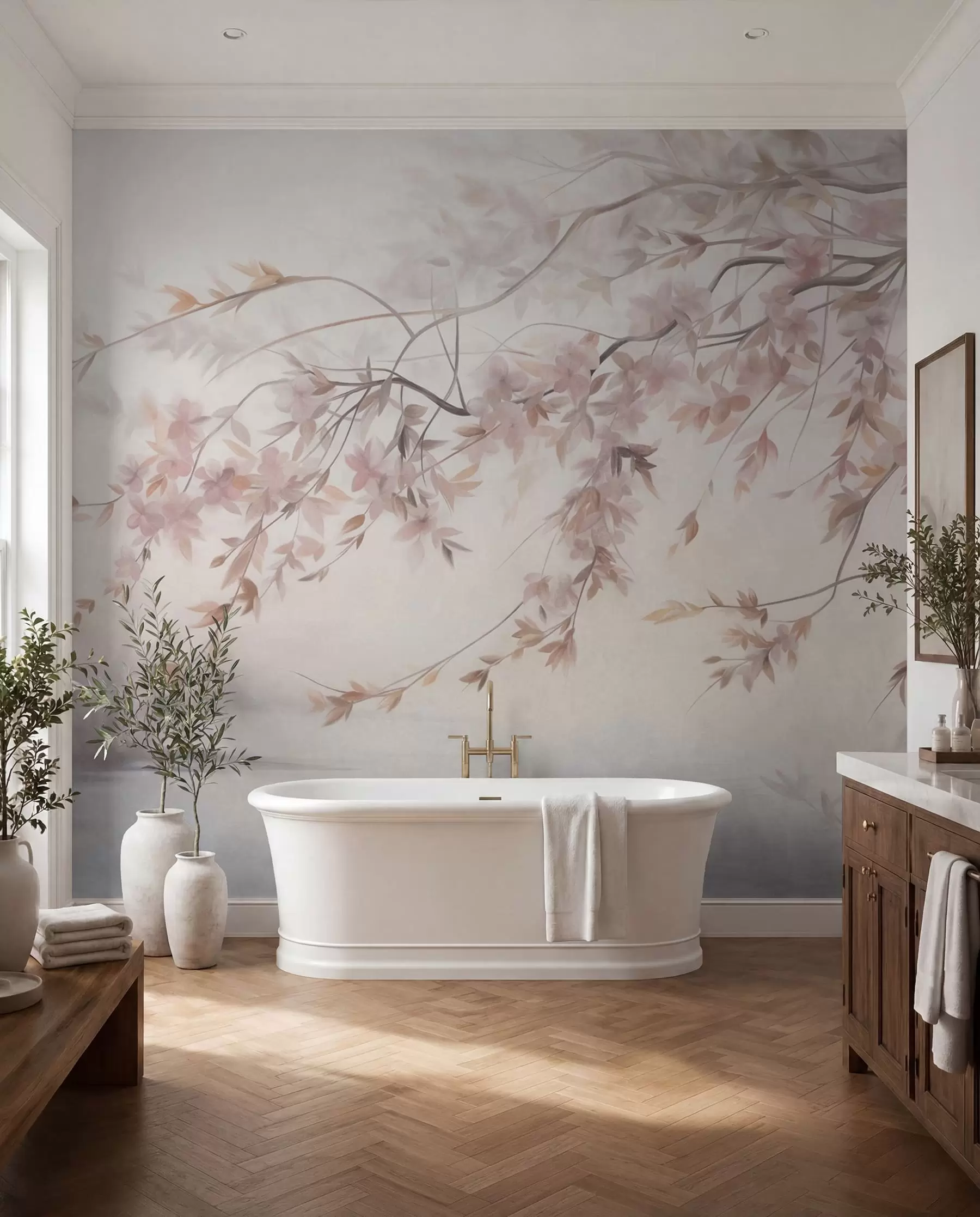 murais de parede Paisagem texturizada com ramo de cerejeira em flor, folhas cor-de-rosa, fundo suave e nebuloso w09743