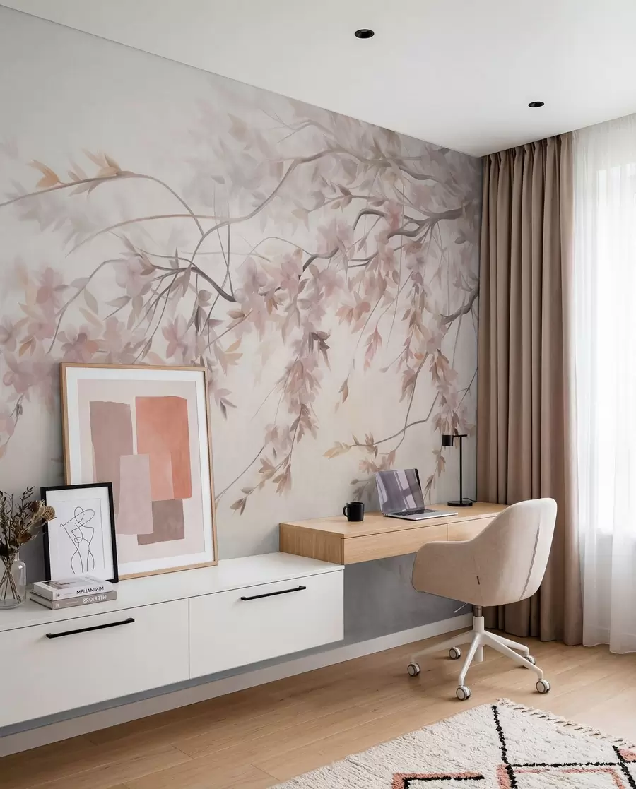 murais de parede Paisagem texturizada com ramo de cerejeira em flor, folhas cor-de-rosa, fundo suave e nebuloso w09743