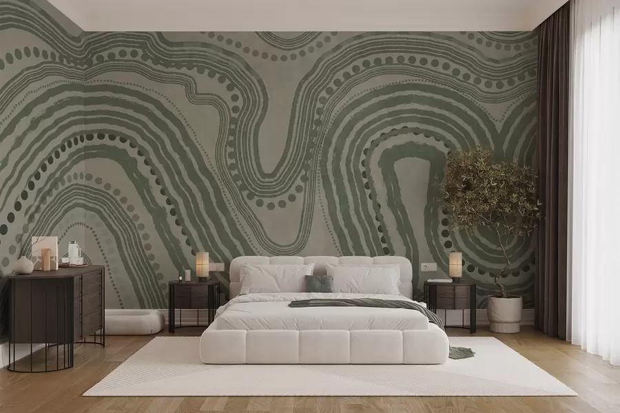 murais de parede Linhas onduladas e pontos abstratos em verde e bege, arte moderna com textura w09747